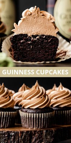 two pictures side by side one with chocolate cupcakes and the other with frosting