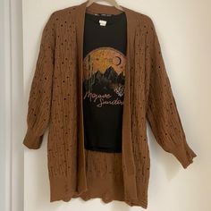 Distressed Cardigan - Never Worn From Shein Size Small Graphic Tee - H&M Size Xs *Will Sell Separately Casual Open Knit Cardigan For Daywear, Casual Open Knit Top With Open Front, Fall Open Front Open Knit Tops, Open Knit Open Front Top For Fall, Casual Open Front Open Knit Top, Brown Casual Cardigan For Daywear, Casual Brown Cardigan For Daywear, Casual Brown Open Front Top, Brown Open Front Top For Layering