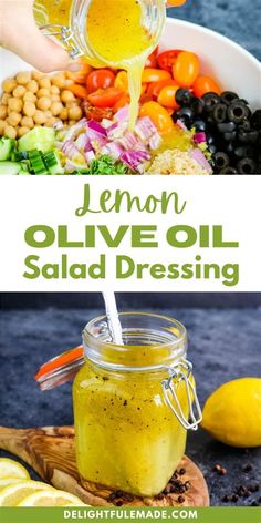 lemon olive oil salad dressing is being poured into a mason jar and garnished with fresh vegetables