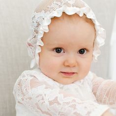 Girls Lace Bonnet - Victoria Collection – Baby Beau and Belle Feminine White Scalloped Lace, Elegant Lace Trim Dress For Ceremony, Elegant Lace Bodice For Ceremony, Elegant Lace For Ceremony, Elegant Lace Trim Dress For Baptism, Elegant Lace Dress For Baptism, Cream Lace Dress With Lace Trim For Ceremony, Fitted Scalloped Lace For Ceremony, Fitted Delicate Cream Lace