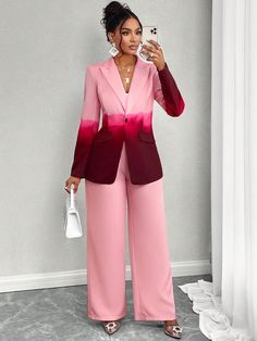 Rosa Elegante Collar   Color combinado,Estampado Integral  Embellished No-Elástico Ombre Suits Women, Shein Suits For Women, Classy Pantsuits For Women, Plus Size Pants Suits For Women, Light Pink And White Outfit, Women Suit Outfits Business, Pant Suits For Women Party, Pants Suits For Women Chic, 2piece Outfits Pants