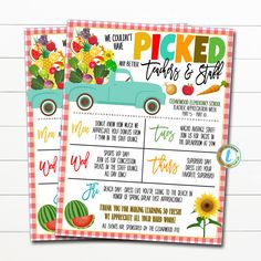 two printable pick up signs with flowers and fruits in the back, one is blue