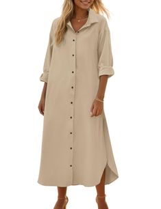 PRICES MAY VARY. 【Material】Shirt dress is made of 35% Cotton,15% Linen,35% Viscose and 15% Polyester.The fabric is cotton linen blend, it is breathable,soft and skin-friendly, it is also great for summer,spring and fall with long sleeves.All the colors will not be see-through,except the white and light color dress. 【Features】Linen dress featuring with long sleeve design,which can rolled up when you are hot.The side split design allows you to walk without tension.Open buttons can be worn as a jacket or beach cover ups and button up to wear as a shirt dress.A line design can hide your tummy skillfully and flatters your Feminine curve. 【Match】Long maxi shirt dress,button down dress can be regarded as a beach cover ups,and perfectly paired with t shirt and short jeans or long denim pants,sun h Long Button Down Dress, Dress Long Sleeve Casual, Long Denim Pants, Shirt Dress Long Sleeve, Shirt Dress Long, Dresses With Pockets, Long Sleeve Design, Button Down Shirt Dress, Loose Maxi Dress