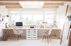 a white room with two desks and chairs