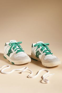 Leather upper, insole Rubber sole Tie styling Imported | Sonic Low Sneakers by Saucony in Beige, Women's, Size: Us 4.5/eu 36.5 , Leather/Rubberat Anthropologie Green Sneakers With Cushioned Footbed And Flat Heel, Green Cushioned Sneakers, Tie Styles, Low Sneakers, Sonic, Rubber Sole, Leather Upper, Anthropologie, Sneakers