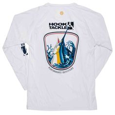 a white long sleeve shirt with the words hook'n tackle on it