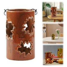 the vase is made out of clay and has holes cut in it to make flowers