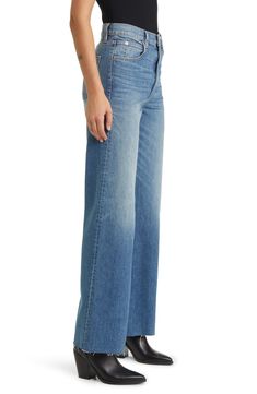 Raw hems and deep fading refresh the retro-inspired style of wide-leg jeans handcrafted in Los Angeles from Italian stretch denim. 32" inseam; 21" leg opening; 12 1/2" front rise; 15 1/2" back rise (size 29) 98% cotton, 2% elastane Machine wash, tumble dry Made in the USA of imported fabric Mid-rise Faded Cotton Flare Jeans, Retro Wide Leg Washed Blue Bottoms, Retro Wide Leg Jeans With Relaxed Fit, Faded Wide-leg Fitted Jeans, Washed Wide Leg Flare Jeans In Cotton, Retro Wide-leg Bottoms With Frayed Hem, Retro Wide Leg Bottoms With Frayed Hem, Faded Full Length Denim Flare Jeans, Medium Wash Wide Leg Flare Jeans In Rigid Denim