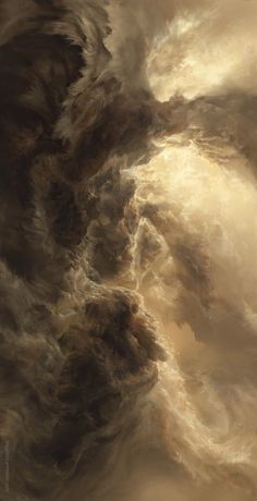 an abstract painting of dark clouds in brown and beige colors, with light coming from the sky