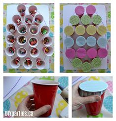 four different pictures showing how to make cupcakes out of paper plates and cups