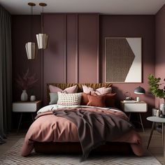 a bedroom with a bed, nightstands and paintings on the wall in shades of pink and brown