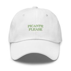 Picante Please Cap Embroidered in pistachio for all your summer necessities. For the italian getaway, giving a bit of shade and your order. Your summer order in a cap.     100% chino cotton  Adjustable strap buckle    And just like how your Picante is made just for you when you order it, so is this cap. At Double Seventh we like to save on overproduction and have your goods made for you, for you when ordered to then be packaged and sent to you to enjoy. Italian Getaway, Feminist Baby, Summer Necessities, Funny Baby Tees, Harry Styles Sweatshirt, Bridal Cap, Feminist Jewelry, Feminist Sweatshirt, Glamour Uk