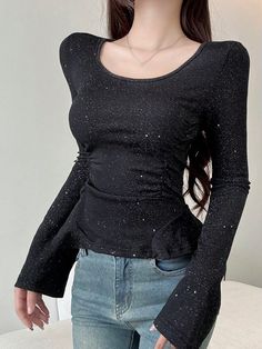 Women's Fleece Lined Ruffle Hem Tight Fit T-Shirt Black Casual  Long Sleeve Polyester Plain,All Over Print  Medium Stretch  Women Clothing, size features are:Bust: ,Length: ,Sleeve Length: Y2k Long Sleeve, Elegant Dresses Long, Womens Fleece, Kids Sleepwear, Boho Women, Kids Beachwear, Black Casual, Elegant Dress, Amazing Products