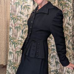 40s Wool "Jaunty Juniors" Princess Coat ~ Size Xs-S Up For Grabs Is This Lovely Black, Wool Princess Coat, With A Full, Generous Skirt, Elegant Details, And In Truly Beautiful Condition. Cuffed Sleeve, Pockets In Side Seams. No Flaws To Note, Though I Did Replace A Button (At Top, But! I Have The Original And Will Either Include It With The Coat, Or Sew It Back On, Free Of Charge. Photos Don't Do Her Justice - Really A Gorgeous Piece! Measurements: Waist Up To 27" (Best Fit Around 26") Bust Up T Vintage Black Outerwear With Horn Royal Buttons, Fitted Vintage Black Outerwear For Fall, Fitted Vintage Black Outerwear, Vintage Fitted Outerwear For Costume, Vintage Black Fitted Outerwear, Fitted Classic Blazer For Costume, Classic Fitted Blazer For Costume, Vintage Black Blazer For Costume, Vintage Black Costume Blazer