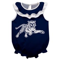 Jackson State University Tigers Blue Sleeveless Ruffle One Piece Jumpsuit Logo Bodysuit by Vive La Fete Summer Sleeveless Onesie With Ruffles, Sleeveless Spring Onesie With Ruffles, Spring Sleeveless Onesie With Ruffles, Sleeveless Blue Bubble Romper For Playwear, White Sleeveless Onesie With Ruffles, Blue Sleeveless Bodysuit For Playwear, Sleeveless Blue Bodysuit For Playwear, Blue Sleeveless Playwear Bodysuit, Sleeveless Ruffled Bubble Romper For Playwear