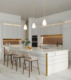 a kitchen with marble counter tops and stools in front of an island that has four lights hanging from the ceiling