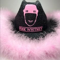 Black Hat Pink Boa Cowgirl Hat Pink Wide Brim Mini Hat For Winter, Pink Winter Bucket Hat, Pink Winter Bucket Mini Hat, Fun Pink Brimmed Costume Hats And Headpieces, Trendy Pink Brimmed Mini Hats, Pink Adjustable Hat Bands For Winter, Trendy Pink Wide Brim Mini Hat, Pink Brimmed Winter Costume Hat, Pink Brimmed Costume Hat For Winter