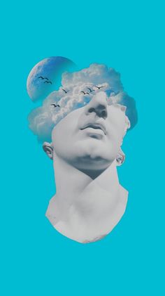 a man's head with clouds and birds flying over it, against a blue background