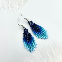 Blue dangle earrings, meticulously crafted to infuse your ensemble with subtle sophistication. Crafted from delicate seed beads, these fringe earrings offer a touch of bohemian flair while maintaining a minimalist aesthetic. The deep navy blue hue adds a dash of timeless allure, ensuring these earrings effortlessly transition from day to night. Perfect for adding a pop of color to your daily look, these small earrings are versatile enough to complement any outfit with understated elegance. Wheth Blue Beaded Fringe Earrings For Jewelry Making, Blue Beaded Tassel Dangle Earrings, Elegant Blue Tassel Earrings With Beaded Fringe, Blue Beaded Fringe Dangle Earrings, Blue Tassel Earrings With Dangling Beads, Blue Tassel Drop Earrings With Dangling Beads, Blue Beaded Fringe Drop Earrings, Blue Dangle Earrings With Beaded Fringe, Blue Beaded Tassel Drop Earrings