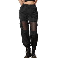 Designed for women who want to enjoy comfort and style at the same time. A must-have option for the new season. Add some new styles to your wardrobe with these versatile and unique pants that combine fashion and function. The sheer mesh panels add an edgy and sporty feel to the pants, making them stand out from traditional cargo pants. Get stylish to wear them with your trendy sports shoes or Martin boots for a chic look. Unique Pants, Cargo Pants Black, Baggy Cargo Pants, Martin Boots, Mesh Panel, Bottom Clothes, Pants Black, Sports Shoes, Black Media