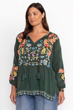 Embellished with bold floral embroidered detailing, the Zadonia Blouse is crafted from a lightweight and flowing fabric. Featuring a split V-neckline and gathers at the neck and shoulders, this blouse is finished with decorative tassels and bishop sleeves. Pair with linen trousers and mule sandals for a relaxed casual ensemble. Johnny Was Women's Zadonia Blouse in Rain Forest Green, Size 3XL, Linen, Floral Flowy V-neck Rayon Peasant Top, Green Embroidered V-neck Top, Peasant V-neck Top With Floral Embroidery, Peasant Blouse With Floral Embroidery And V-neck, Peasant V-neck Blouse With Floral Embroidery, Bohemian Rayon V-neck Peasant Top, Floral Print V-neck Peasant Top, Flowy Bohemian Top With Floral Embroidery, Bohemian Peasant Top With Floral Embroidery V-neck