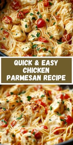 chicken parmesan recipe in a skillet with text overlay