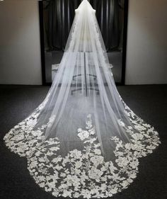 Scalloped Royal Cathedral Wedding Veil with Sequined Floral Lace Tulle Wedding Veil With Lace Trim, Wedding Veil With Lace Trim In Tulle, Wedding Veil With Lace Trim, Bridal Veils And Headpieces, Veils Bridal, Tulle Wedding Veil, Cathedral Bridal Veils, Long Veil Wedding, Veil Cathedral