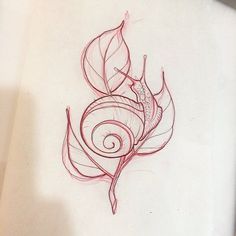 a drawing of a leaf with swirls on the bottom and center is shown in red ink