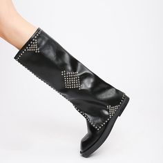 TAAFO Metal Studs Over Lay Boots Knee High Square Punk Smart Boots Unisex Boots Demon Style For Non-mainstream Black-40 Winter Punk Knee-high Faux Leather Boots, Punk Style Faux Leather Knee-high Boots For Fall, Winter Punk Style Knee-high Faux Leather Boots, Punk Style Knee-high Boots With Round Toe For Winter, Punk Knee-high Platform Boots For Fall, Fall Punk Knee-high Platform Boots, Edgy Knee-high Boots With Round Toe For Winter, Black Knee-high Martin Boots For Spring, Punk Style Pointed Toe Martin Boots For Fall