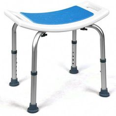 a child's bath bench with blue and white seat cover on the back side