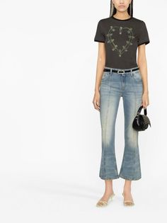 Blumarine Cropped Flared Jeans | Blue | FARFETCH Washed Denim, Flared Jeans, Denim Wash, Flare Jeans, Low Rise, Straight Leg, Cotton Blend, Blue