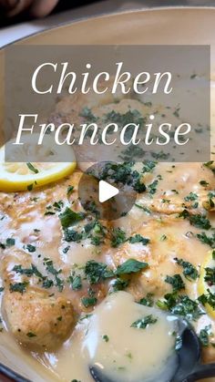 chicken franacaise with lemons and parsley in a white sauce on a plate