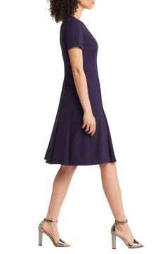 Desk days and drinks dates both work well with this soft crepe dress designed in everybody's favorite fit-and-flare silhouette. 38 1/2" length (size 8) Jewel neck Short sleeves Lined 96% polyester, 4% elastane Dry clean Imported Stretch Crepe, Midnight Navy, Jewel Neck, Crepe Dress, Sleeve Detail, Fit Flare Dress, Fit & Flare, Flare Dress, Fit And Flare