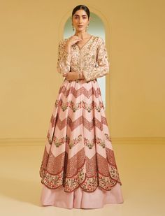 Varun Bahl-Light Pink Chevron Kalidar Set-INDIASPOPUP.COM Varun Bahl, Layered Gown, Anarkali Gown, Pink Chevron, Dupion Silk, Gowns Online, Wedding Outfits, Chevron Print, Indian Style