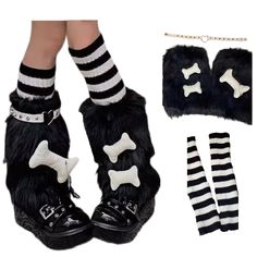 PRICES MAY VARY. ❤ 【High Quality Material】The 3in1 Set includes: 1 knitted leg warmer, 1 plush leg warmer, and 1 leg chain. Womens knit winter kawaii winter leg warmers, leg warmers for women 80s, made of high-quality cotton and polyester, Soft and skin friend knit fabric, with great stretch. ❤【Warmer Long Socks】Over the Calf, Knee high stockings for women, knitted leg warmers for girls, e girls harajuku long socks, punk clothes, striped gothic socks , knitwear warm winter socks, make you warm i Cute Gore Clothes, Scene Kid Gifts, Scene Leg Warmers, Emo Leg Warmers, Emo Items, Emo Socks, Cute Legwarmers, Leg Warmers Cute, Cryptidcore Outfit