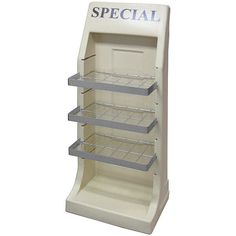 a white shelf with four shelves on each side and the words special written on it