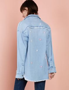 We took our classic, buttery-soft oversize denim shirt and added a fringe hem, and adorable embroidery star detail, et voila'! It's the Denim Star Embroidery Shirt, only from Billy T! The model is 5'7" wearing size Small Oversized Denim Shirt, Billy T, Embroidery Shirt, Star Embroidery, Shirt Embroidery, Premium Denim, Denim Shirt, Embroidery, Stars