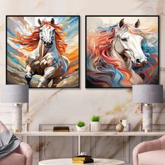 two paintings of horses are hanging on the wall