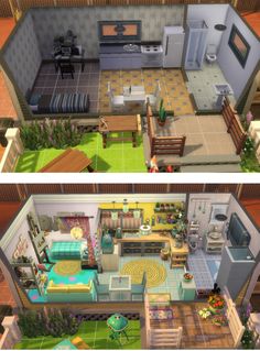 two views of the inside of a house from top to bottom, with furniture and kitchen