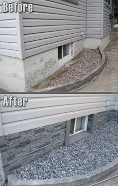 before and after photos of a house with rocks on the ground in front of it