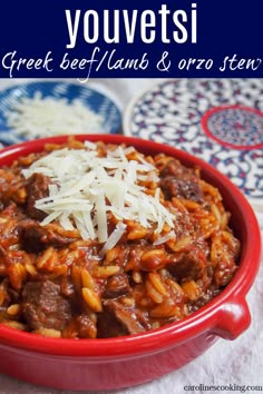 a red bowl filled with pasta and meat