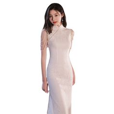 Women White Slim Cheongsam Pearls Dresses Annual Meeting Dresses Chinese Style Wedding Toast Wedding Toast, Wedding Toasts, Annual Meeting, Pearl Dress, Style Wedding, Cheongsam, Clothing Women, Chinese Style, Toast