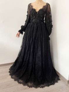 Black gothic 3D floral embroidered lace wedding dress | Etsy Lace Ball Gown For Prom, Lace Evening Dress With Lace Back For Prom, Floor-length Lace Ball Gown For Prom, Lace Wedding Dress For Prom, Fitted Lace Ball Gown For Prom Season, Fitted Lace Ball Gown For Prom, Lace Floor-length Prom Gown, Lace Floor-length Gown For Prom Season, Floor-length Lace Gown For Prom Season