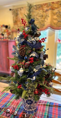 a decorated christmas tree sitting on top of a table