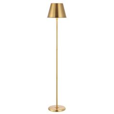 a gold floor lamp on a white background with a light shade in the center and bottom