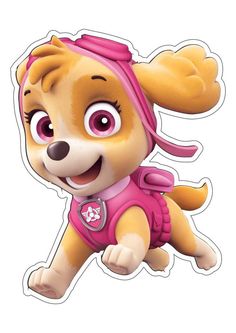 a cartoon dog with pink hair and purple eyes is flying through the air while wearing a pink hat