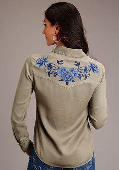 Women's Olive Lyocell Western Style Blouse, Boyfriend Fit, Single Point Curved Front And Back Yokes, Front Faux Pocket Flaps, Snap Front, Self Piping, Embroidered Ladies Western Shirts, Embroidered Western Shirt, Trajes Country, Western Designs, Job Clothes, Western Clothes, Aesthetic 2024, Cowboy Gear, Style Lookbook