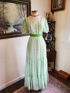 Vintage Bridgerton Cottagecore Prairie Dress Regency Gown Green Floral Garden | eBay Spring Green Gown With Fitted Bodice, Summer Green Gown With Fitted Bodice, Green Gown For Spring Garden Party, Green Gown With Fitted Bodice For Summer, Maxi Length Gown With Fitted Bodice For Garden Party, Fitted Green Maxi Dress For Daywear, Fitted Dresses For Garden Party Daywear, Summer Green Floral Print Gown, Spring Green Floral Print Gown