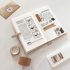 an open notebook with coffee related items on it