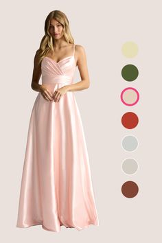 a woman in a long pink dress standing next to color swatches for the background